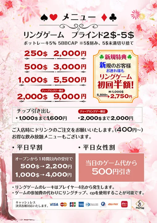 PreFlop川崎の料金詳細の画像