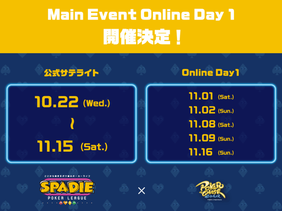 SPADIE 39thのMain  Event Online Day 1のサテライト日程は10.22〜11.15。Day 1は11.1〜11.16まで開催されています。