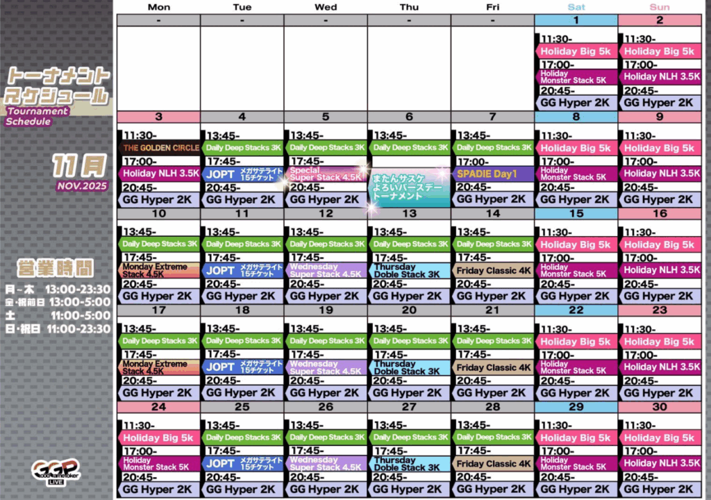 新宿のポーカールームであるGood Game Poker Live新宿にて行われている2025年11月のトーナメントについて紹介する画像