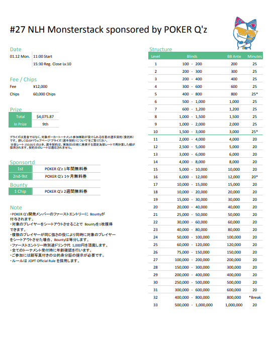 学生ポーカー選手権 U-30 　#27 NLH Monsterstack sponsored by POKER Q'zのストラクチャー