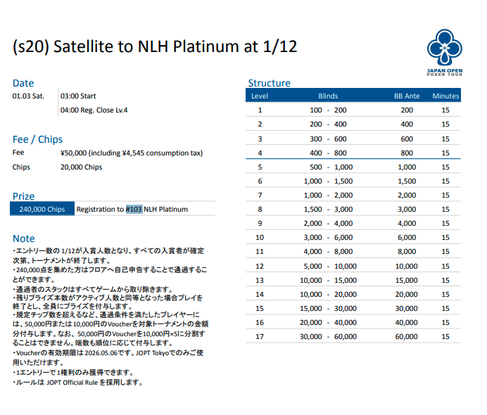 JOPT 2026 Tokyo #01 NLH Platinumストラクチャー