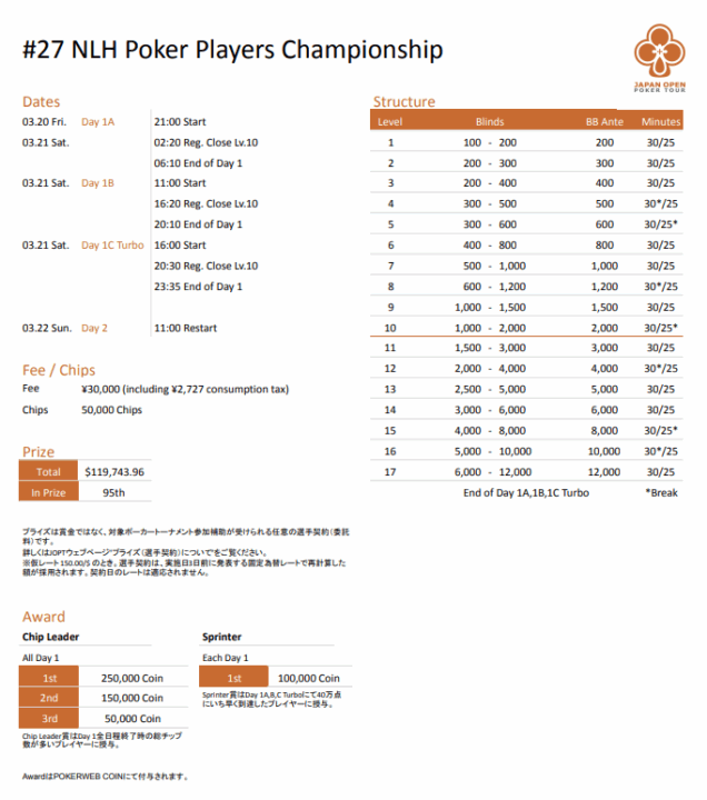 JOPT 2026 Osaka #01 NLH Poker Players Championshipスケジュール