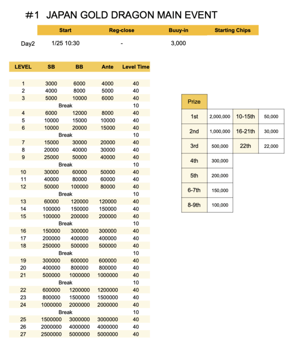 JAPAN GOLD DRAGONメインイベントのストラクチャー画像