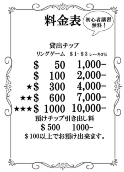 Poker Bar ALL-INの詳しい料金システム