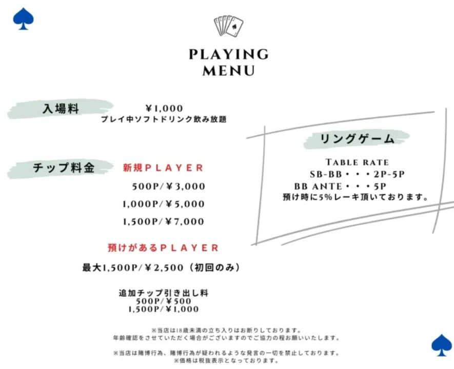 富山のポーカールーム、panseのチップ料金画像