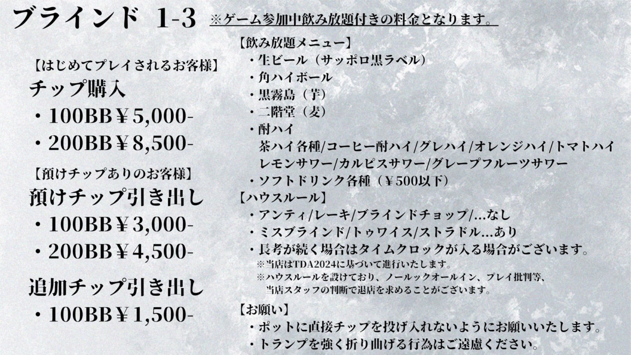 中目黒のポーカールームDouble Barrel Casino Barのメニュー