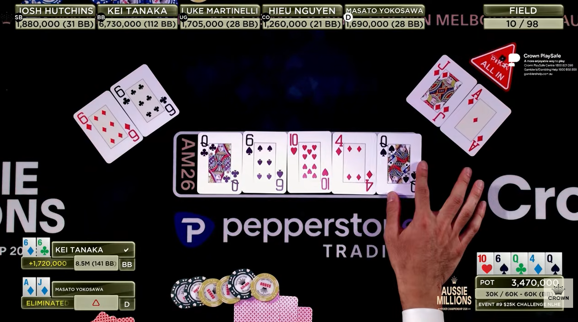 田中圭さんがEVENT #9 $25K CHALLENGE NLHE DAY 2 - LIVE AT CROWN MELBOURNE - THE AUSSIE MILLIONS CHAMPIONSHIP 2026でプレイするシーン②