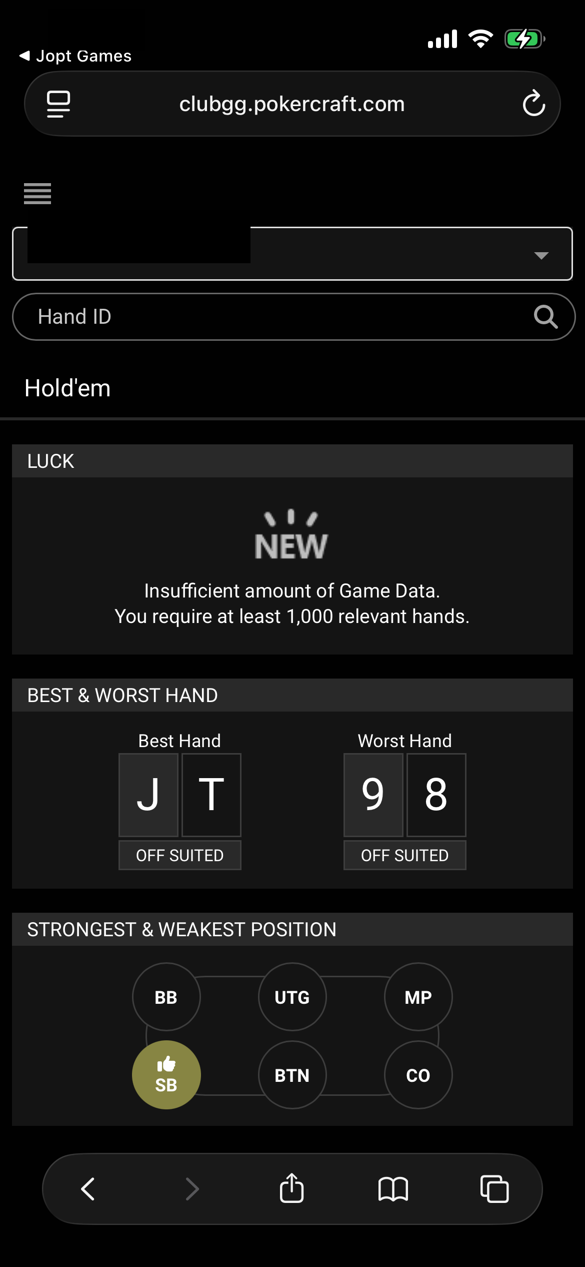 PokerCraftのHold'em画面でLuckやベストハンドを確認する画面