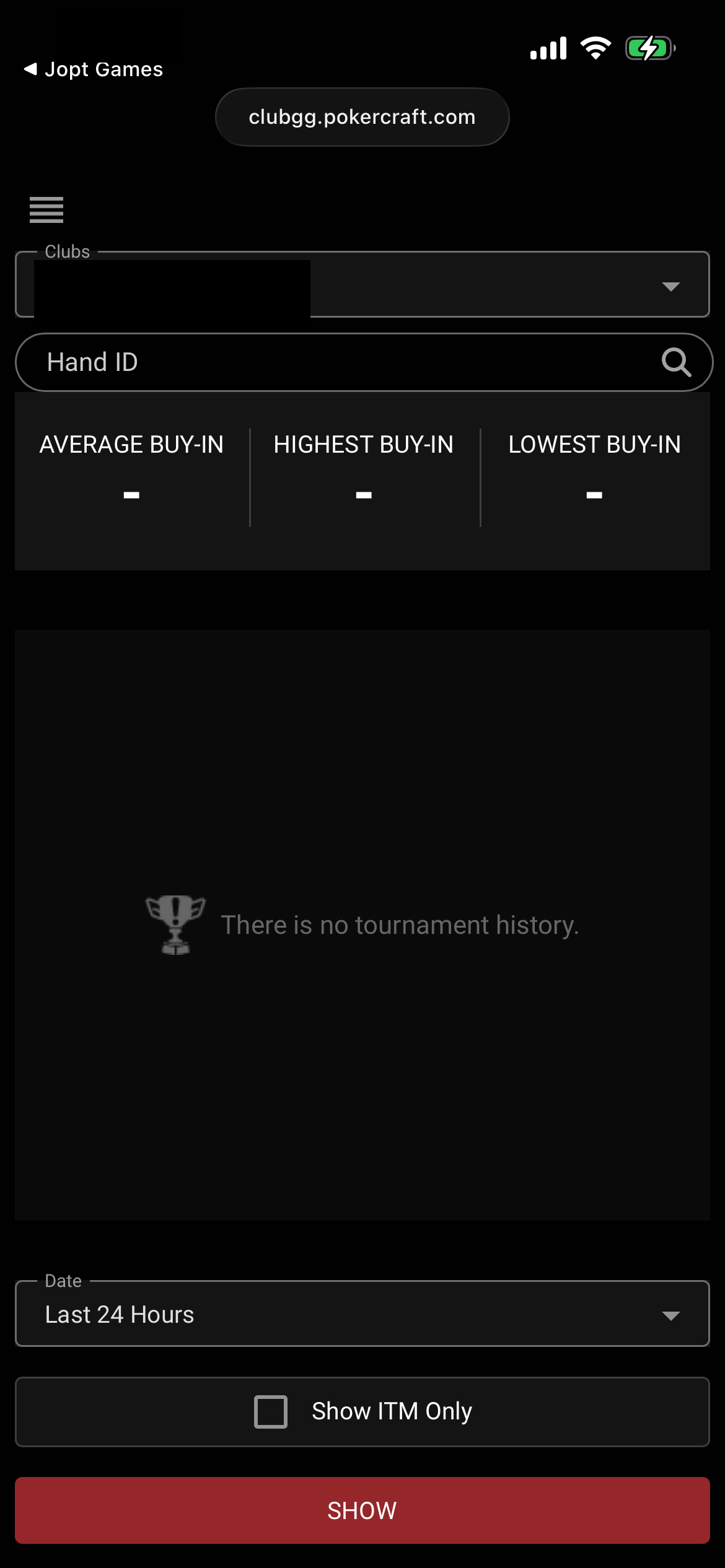 PokerCraftのマイトーナメント画面で履歴を確認する画面