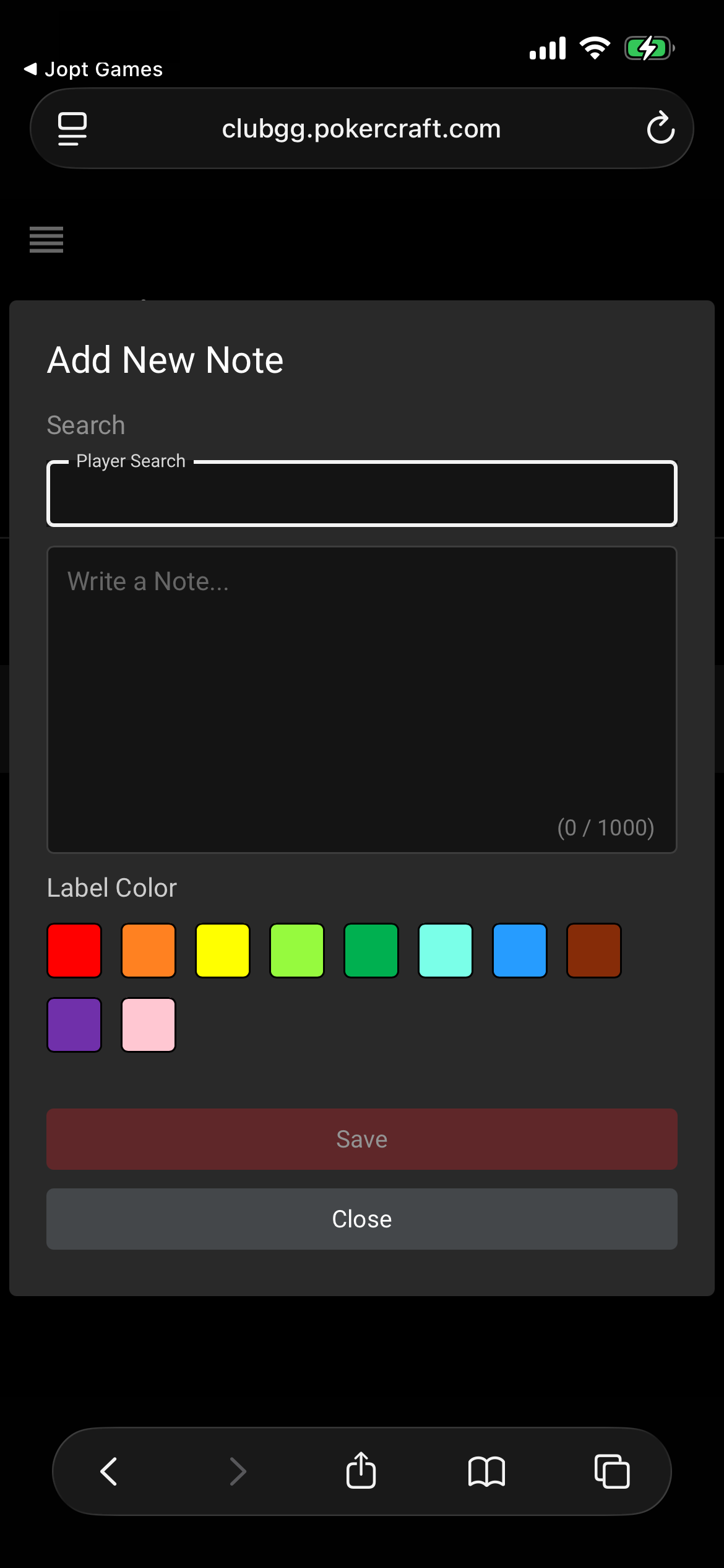 PokerCraftで新しいプレイヤーノートを追加する画面