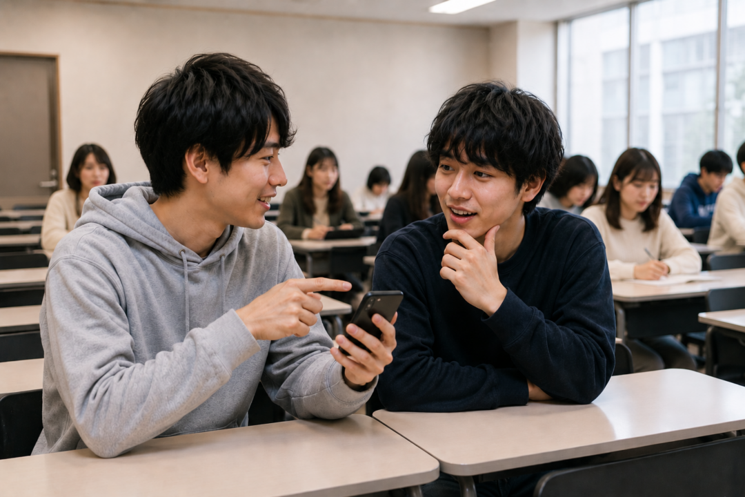 スマホの画面を指差しながらポーカーのルールを友達に教えている様子