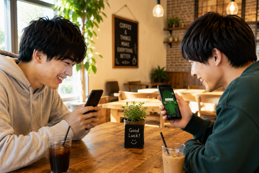 スマホでポーカーアプリを対戦する2人の若者