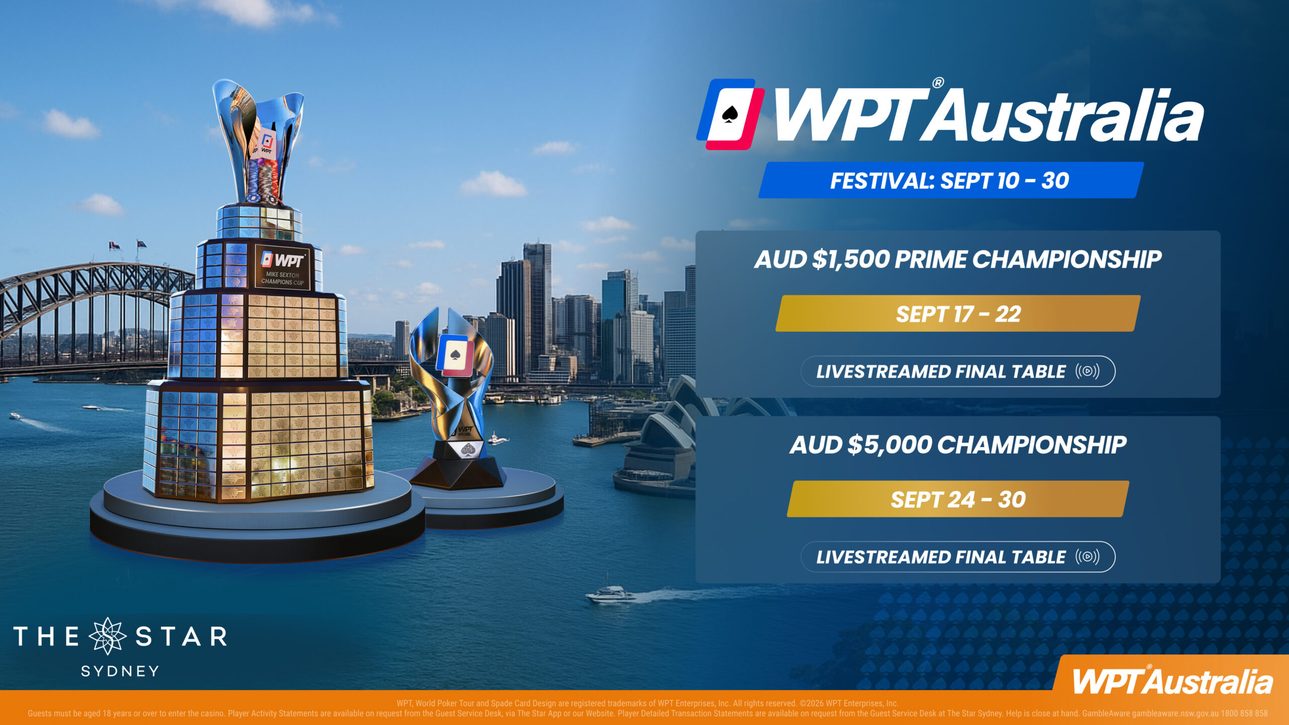 WPT Australia 2026の公式告知。シドニーの風景と2つのチャンピオンシップの日程